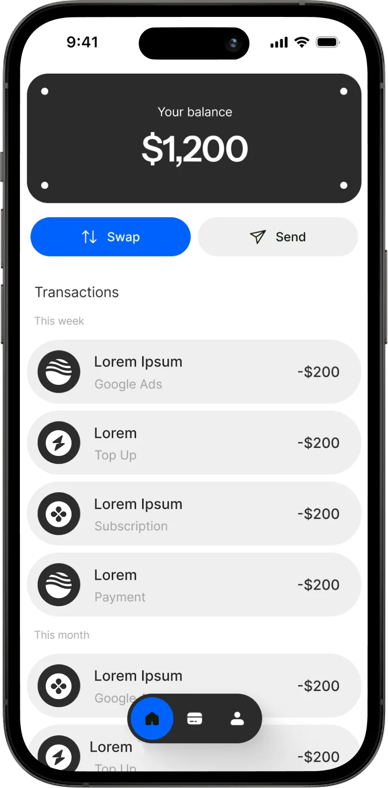 The Fintora app showing a $1,200 balance, Swap and Send actions, and a list of this week's transactions